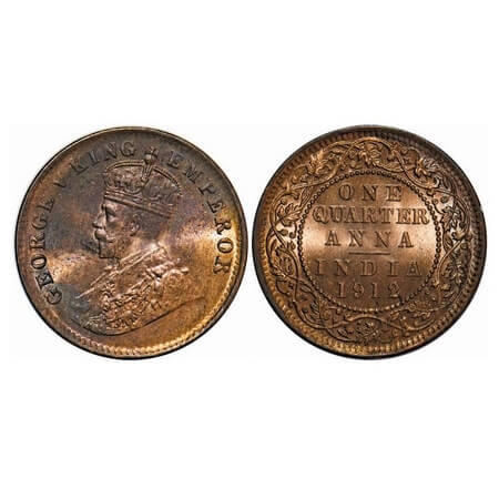 George V, Bronze, Quarter Anna, 1912, Calcutta Mint, No dot. F. Prid 658. GK 1172. Mint Gr