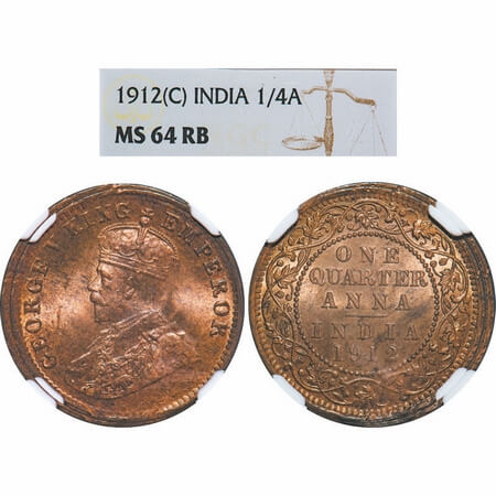 George V, Bronze, Quarter Anna, 1912, Calcutta Mint, No dot. F. Prid. 658. GK 1172. NGC Sl