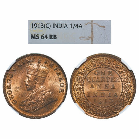 George V, Bronze, Quarter Anna, 1913, Calcutta Mint, No dot. F. Prid 659. GK 1173. NGC Sla
