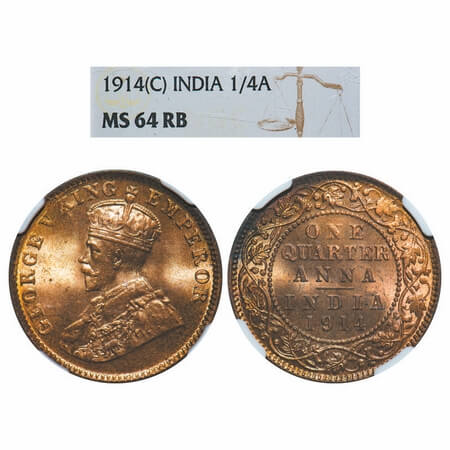 George V, Bronze, Quarter Anna, 1914, Calcutta Mint, No dot. F. Prid 660. GK 1174. NGC Sla