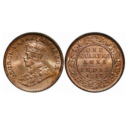 George V, Bronze, Quarter Anna, 1917, Calcutta Mint, No dot. F. Prid 662. GK 1176. Brillia