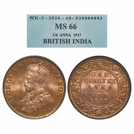 George V, Bronze, Quarter Anna, 1917, Calcutta Mint, No dot. F. Prid. 662. GK 1176. PCG Sl