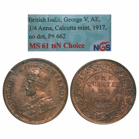 George V, Bronze, Quarter Anna, 1917, Calcutta Mint, No dot. F. Prid 662. GK 1176. NGS Sla