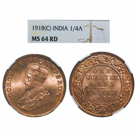 George V, Bronze, Quarter Anna, 1918, Calcutta Mint, No dot. F. Prid. 663. GK 1177. NGC Sl