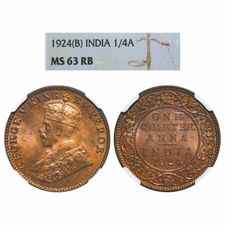 George V, Bronze, Quarter Anna, 1924, Bombay Mint, Dot. F. Prid 677. GK 1180. NGC Slabbed 