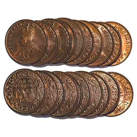 George V, Bronze, Quarter Anna, 1926, (lot of 10 coins), Bombay Mint, Dot. F. Prid 679. GK
