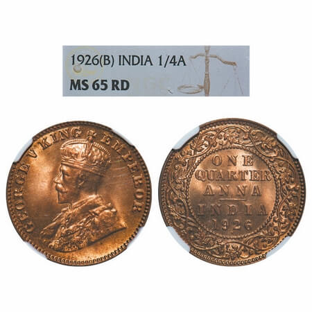 George V, Bronze, Quarter Anna, 1926, Bombay Mint, Dot. F. Prid 679. GK 1183. NGC Slabbed 
