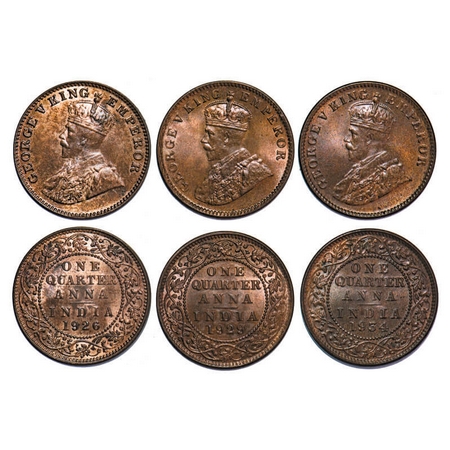 George V, Bronze, Quarter Anna, (3 coins), 1) 1926, Bombay Mint, Dot, 2) 1929, Calcutta Mi