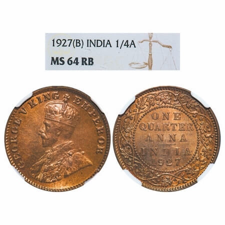 George V, Bronze, Quarter Anna, 1927, Bombay Mint, Dot. F. Prid 680. GK 1185. NGC Slabbed 