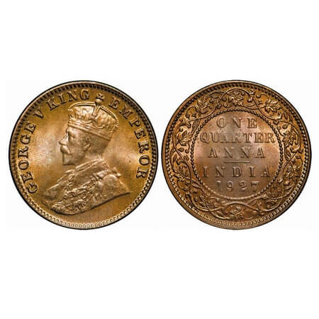George V, Bronze, Quarter Anna, 1927, Calcutta Mint, No dot. F. Prid 668. GK 1186. Brillia