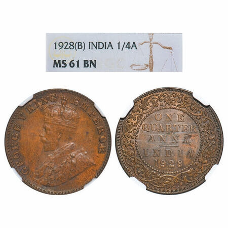 George V, Bronze, Quarter Anna, 1928, Bombay Mint, Dot. F. Prid 681. GK 1187. NGC Slabbed 