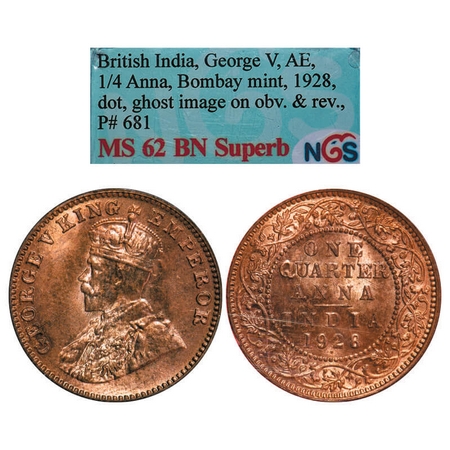 George V, Bronze, Quarter Anna, 1928, Bombay Mint, Dot, Ghost on Obv and Rev mentioned on 