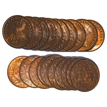 George V, Bronze, Quarter Anna, 1928, (lot of 10 coins), Bombay Mint, Dot. F. Prid 681. GK
