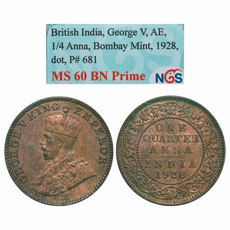 George V, Bronze, Quarter Anna, 1928, Bombay Mint, Dot. F. Prid. 681. GK 1187. NGS Slabbed