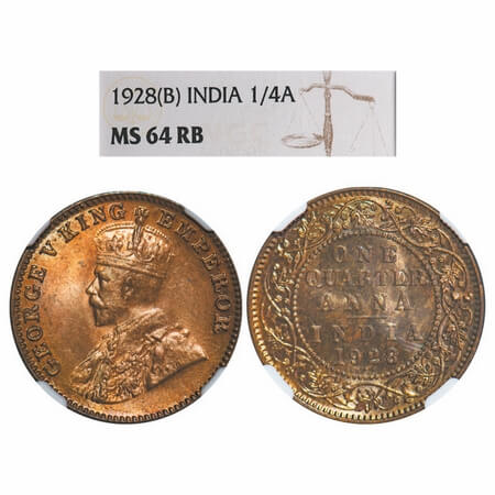 George V, Bronze, Quarter Anna, 1928, Bombay Mint, Dot. F. Prid. 681. GK 1187. NGC Slabbed