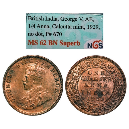 George V, Bronze, Quarter Anna, 1929, Calcutta Mint, No dot. F. Prid. 670. GK 1189. NGS Sl