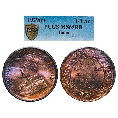 George V, Bronze, Quarter Anna, 1929, Calcutta Mint, No dot. F. Prid 670. GK 1189. PCGS Sl