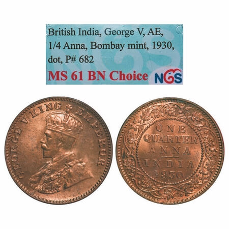 George V, Bronze, Quarter Anna, 1930, Bombay Mint, Dot. F. Prid. 671. GK 1190. NGS Slabbed