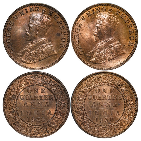 George V, Bronze, Quarter Anna, (2 coins), 1930, Bombay Mint, Dot, 1) Normal numeral date,