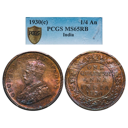 George V, Bronze, Quarter Anna, 1930, Calcutta Mint, No dot. F. Prid 671. GK 1191. PCGS Sl