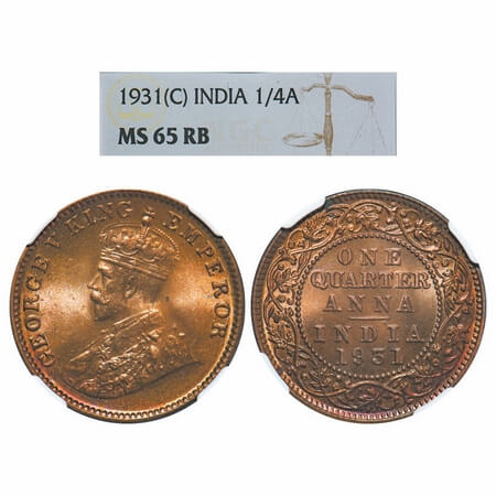 George V, Bronze, Quarter Anna, 1931, Calcutta Mint, No dot. F. Prid 672. GK 1192. NGC Sla