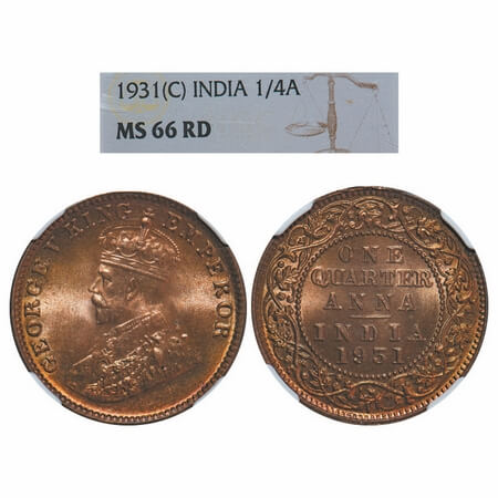 George V, Bronze, Quarter Anna, 1931, Calcutta Mint, No dot. GK 1192. NGC Slabbed MS 66 RD