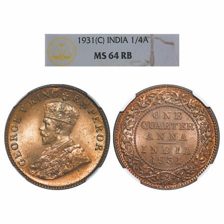 George V, Bronze, Quarter Anna, 1931, Calcutta Mint, No dot. F. Prid. 672. GK 1192. NGC Sl