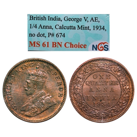 George V, Bronze, Quarter Anna, 1934, Calcutta Mint, No dot. F. Prid. 674. GK 1194. NGS Sl