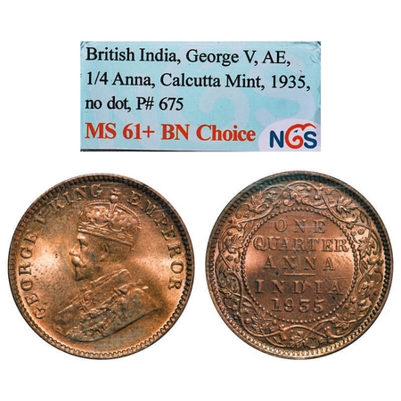 George V, Bronze, Quarter Anna, 1935, Calcutta Mint, No dot. F. Prid. 675. GK 1195. NGS Sl