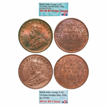 George V, Bronze, Quarter Anna, 1936, (2 slabs), 1) Bombay Mint, Dot, 2) Calcutta Mint, No