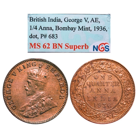 George V, Bronze, Quarter Anna, 1936, Bombay Mint, Dot. F. Prid. 683. GK 1196. NGS Slabbed
