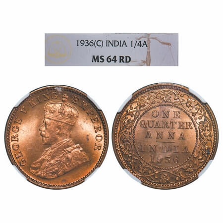 George V, Bronze, Quarter Anna, 1936, Calcutta Mint, No dot. F. Prid. 676. GK 1197. NGC Sl
