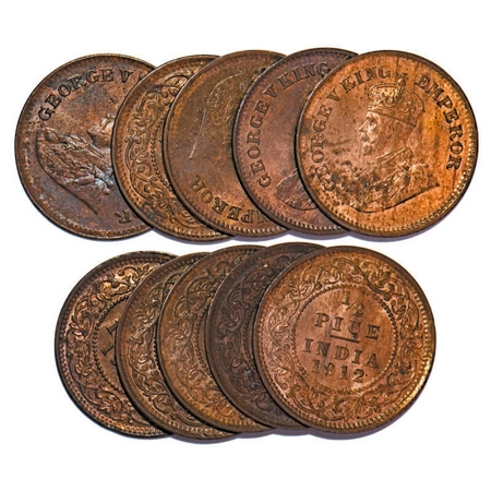 George V, Bronze, 1/2 Pice, 1912, (lot of 5 coins), Calcutta Mint, No mint mark. F. Prid 7
