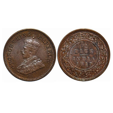 George V, Bronze, 1/2 Pice, 1913, Calcutta Mint, No mint mark. F. Prid 746. GK 1199. Brill
