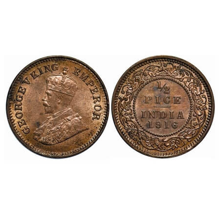 George V, Bronze, 1/2 Pice, 1916, Calcutta Mint, No mint mark. F. Prid 749. GK 1202. Mint 