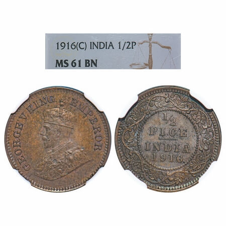 George V, Bronze, 1/2 Pice, 1916, Calcutta Mint, No mint mark. F. Prid. 749. GK 1202. NGC 