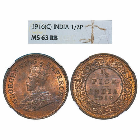 George V, Bronze, 1/2 Pice, 1916, Calcutta Mint, No mint mark. F. Prid 749. GK 1202. NGC S