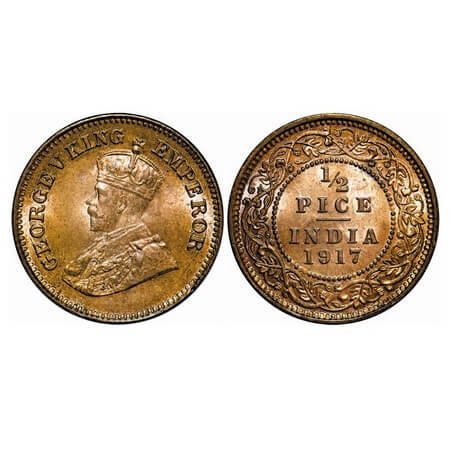 George V, Bronze, 1/2 Pice, 1917, Calcutta Mint, No mint mark. F. Prid 750. GK 1203. Brill