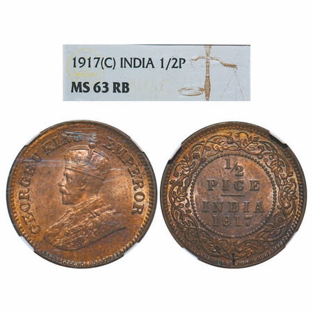 George V, Bronze, 1/2 Pice, 1917, Calcutta Mint, No mint mark. F. Prid 750. GK 1203. NGC S