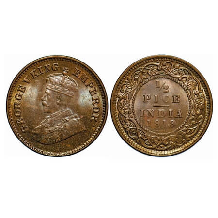 George V, Bronze, 1/2 Pice, 1919, Calcutta Mint, No mint mark, Ghost on Rev. F. Prid 752. 