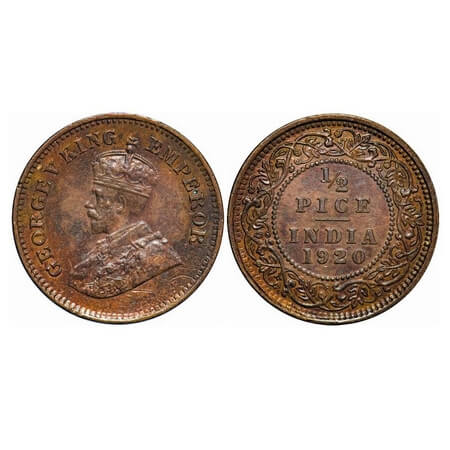 George V, Bronze, 1/2 Pice, 1920, Calcutta Mint, No mint mark. F. Prid 753. GK 1206. Uncir