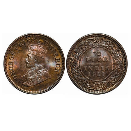 George V, Bronze, 1/2 Pice, 1921, Calcutta Mint, No mint mark, Ghost on Rev. F. Prid 754. 