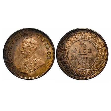 George V, Bronze, 1/2 Pice, 1922, Calcutta Mint, No mint mark. F. Prid 755. GK 1208. Mint 