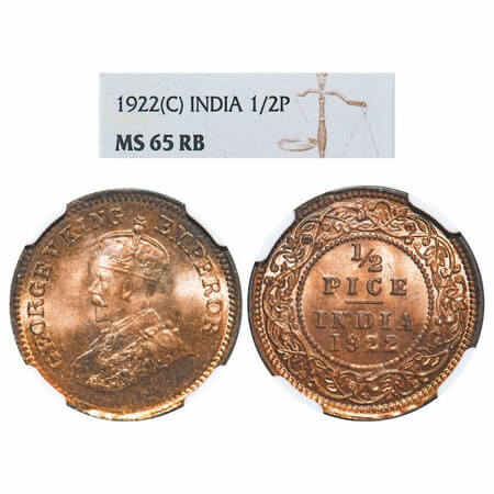 George V, Bronze, 1/2 Pice, 1922, Calcutta Mint, No mint mark. F. Prid 755. GK 1208. NGC S