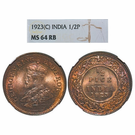George V, Bronze, 1/2 Pice, 1923, Calcutta Mint, No mint mark. F. Prid 756. GK 1209. NGC S