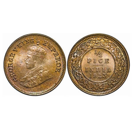 George V, Bronze, 1/2 Pice, 1923, Calcutta Mint, No mint mark. F. Prid 756. GK 1209. Brill