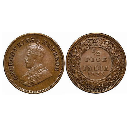 George V, Bronze, 1/2 Pice, 1923, Calcutta Mint, No mint mark. F. Prid 756. GK 1209. Uncir