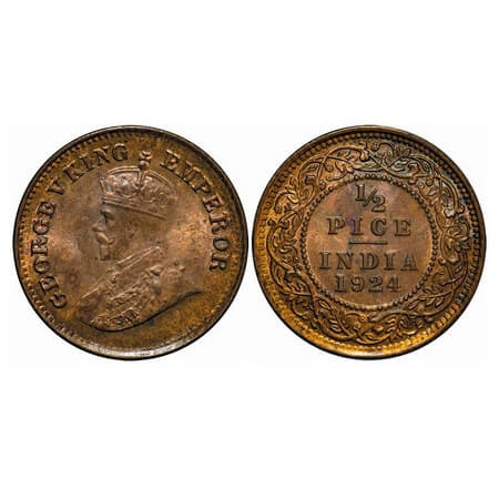 George V, Bronze, 1/2 Pice, 1924, Calcutta Mint, No mint mark, Die cracks on Obv. F. Prid 