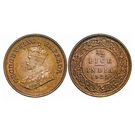 George V, Bronze, 1/2 Pice, 1925, Calcutta Mint, No mint mark. F. Prid 758. GK 1211. Uncir