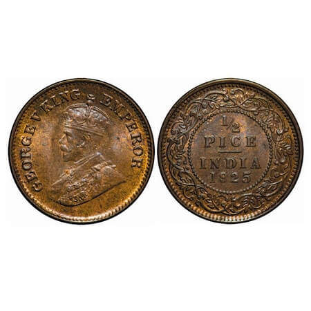 George V, Bronze, 1/2 Pice, 1925, Calcutta Mint, No mint mark. F. Prid 758. GK 1211. Uncir